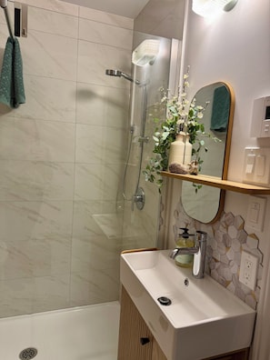 A bathroom with a shower, a sink, a mirror, and a shelf with a plant.