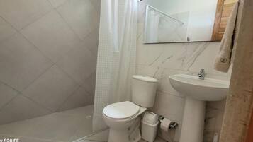 Shower, towels, soap, toilet paper