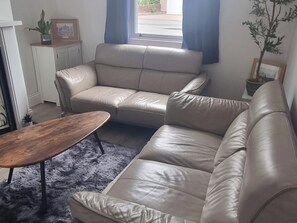 A beige leather sofa, a wooden coffee table, a fluffy rug, a potted plant, and a framed picture on a white cabinet.