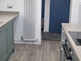 A kitchen with a radiator, a blue door, and a light-colored countertop.