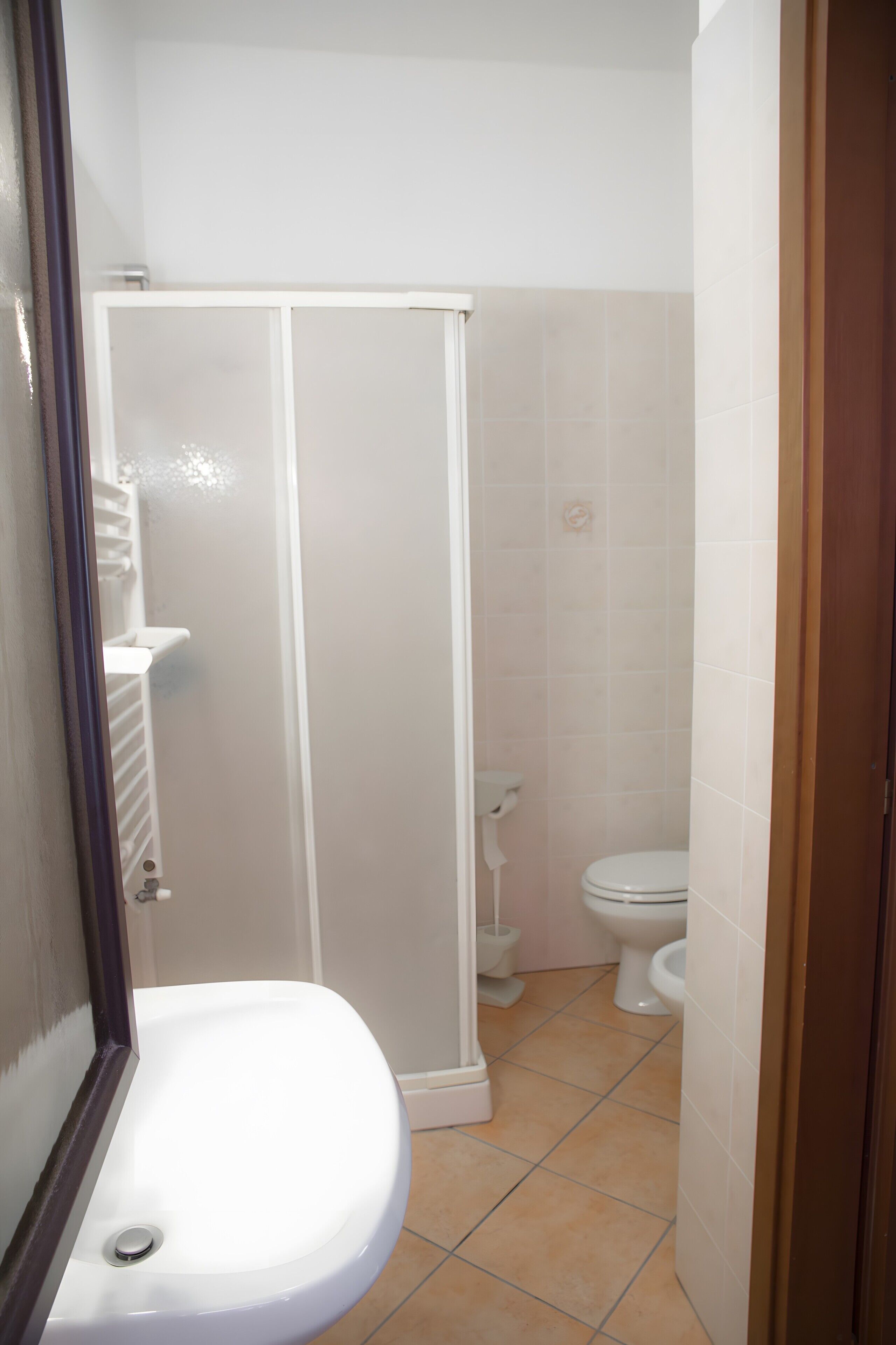 A bathroom with a white sink, toilet, and shower enclosure.