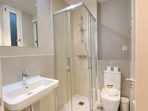 Ein Badezimmer mit einer Duschkabine, einem weißen Waschbecken und einer Toilette.