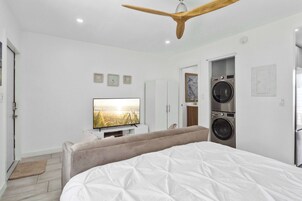 Un dormitorio con una cama, ventilador de techo, televisor, lavadora y una puerta que da a un baño.