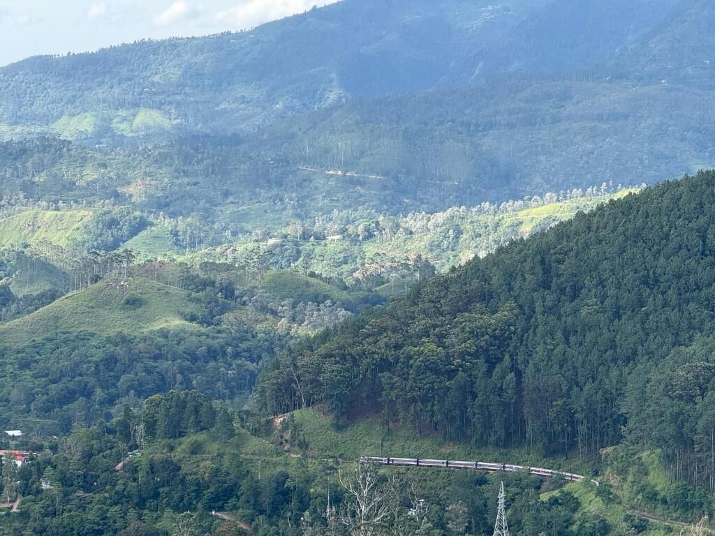 A mountainous landscape with a train track.
