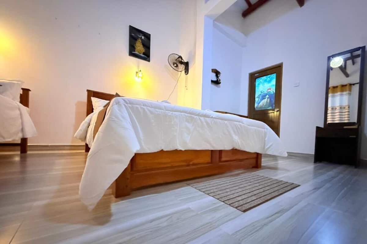 Una habitación con cama, televisión, ventilador de pared y espejo.