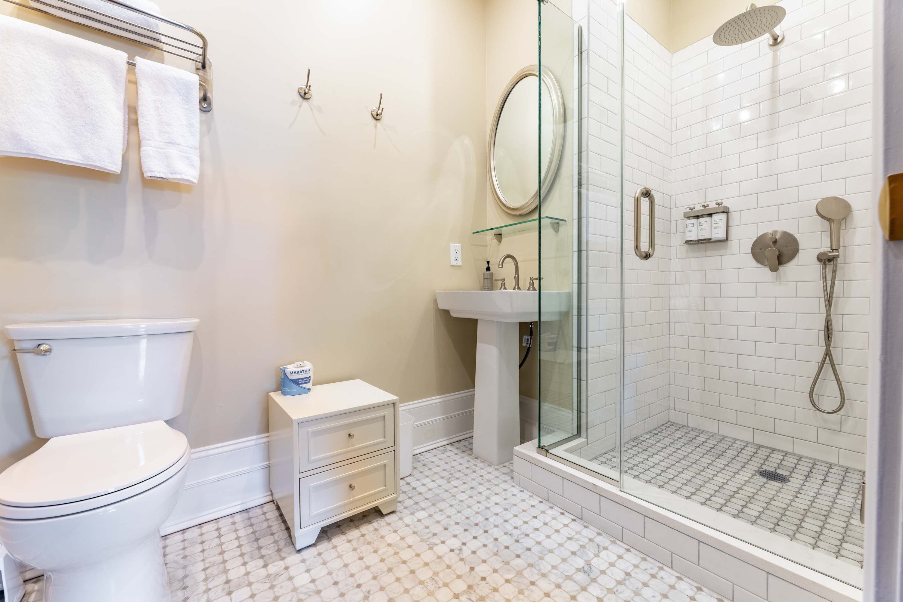 Shower, hair dryer, shampoo