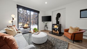 A modern living room with a fireplace, a sofa, a coffee table, and a TV. - Dinner Plain Mt Hotham Accommodation (Dinner Plain)