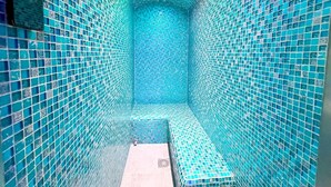 Une petite piscine étroite, recouverte de carreaux, dont le fond est plat et le plafond est également plat.