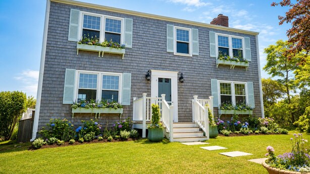 A two-story house with a front porch, a small staircase, and a well-maintained lawn. - Longtail Cottage (Nantucket)