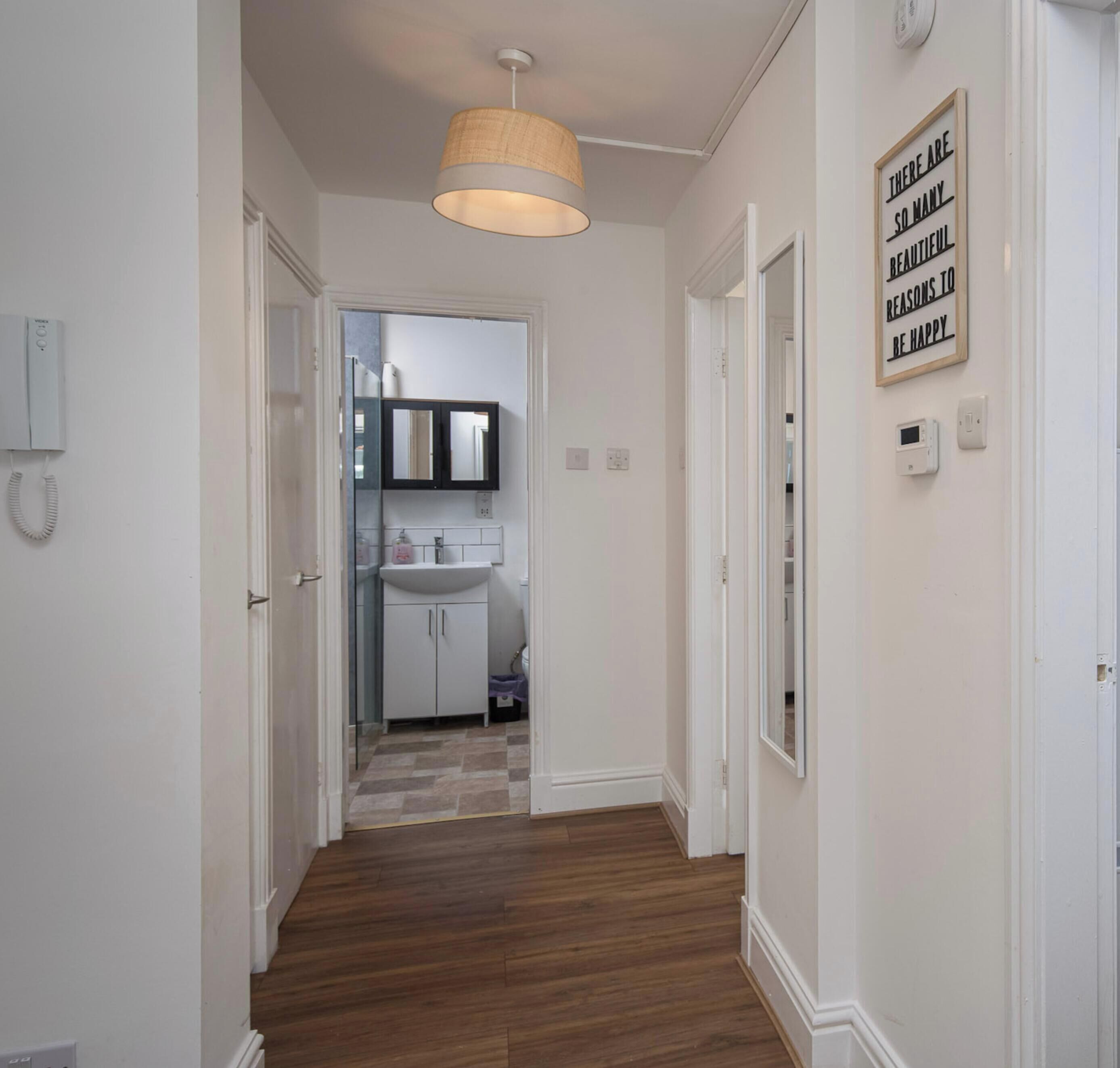A hallway with a wooden floor, a white door, a mirror, and a ceiling light fixture.