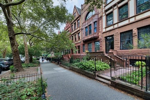 A tree-lined street with brick buildings, a sidewalk, and a metal fence. - Hamilton House Apt 7 with Pvt Bathroom (New York)