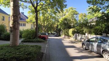 Eine von Bäumen gesäumte Straße mit parkenden Autos und Häusern an beiden Seiten.