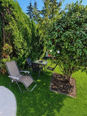 A patio area with a table and chairs, surrounded by lush greenery and a small tree. - Large Cozy Home Recently Renovated. Walking Distance to Downtown and Amenities (Nanaimo)