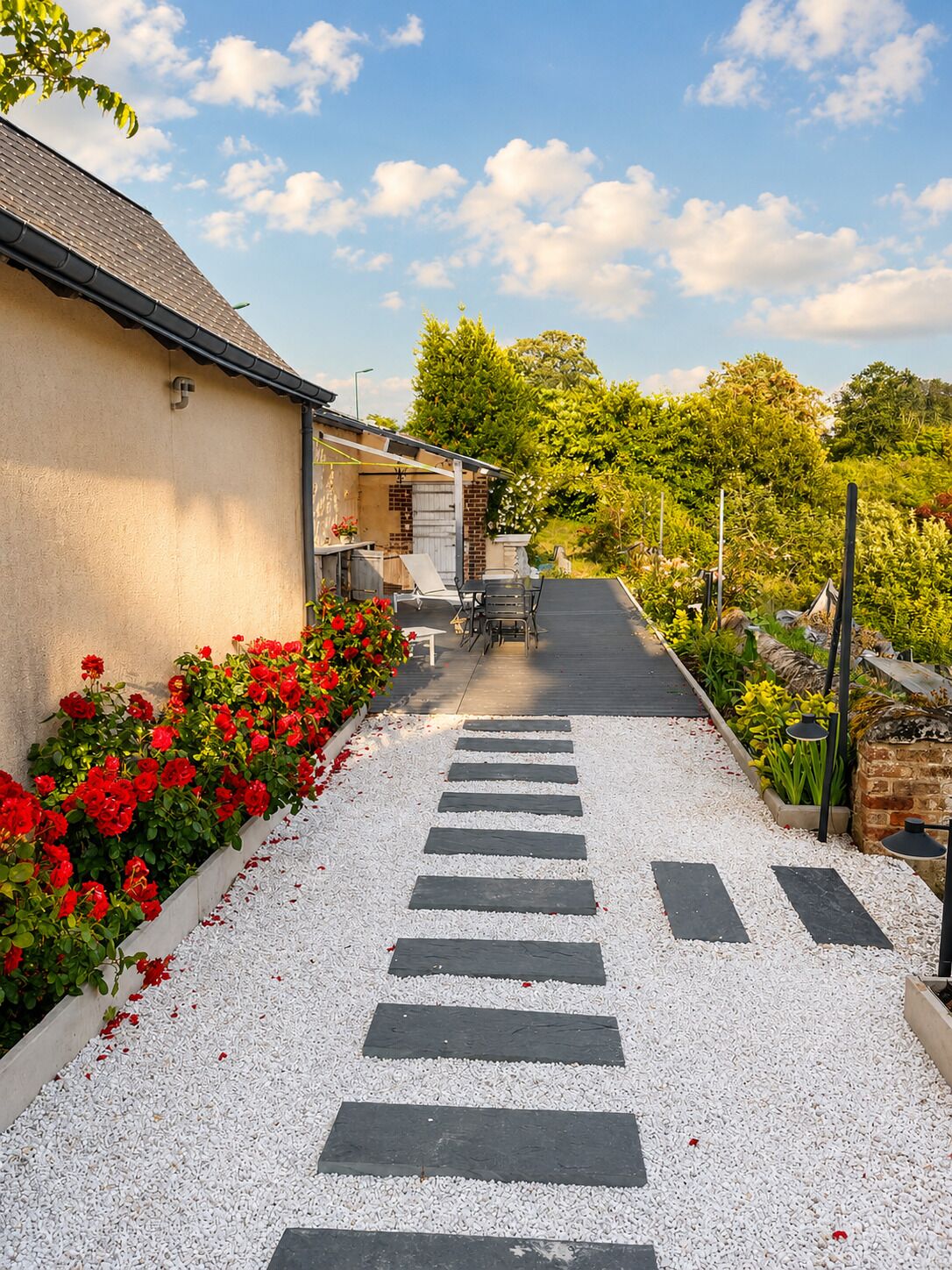 A pathway leading to a building with a garden area on one side.