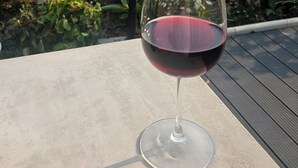 A glass of red wine on a balcony with a view of a river and greenery. - 4-bedroom house, sleeps 8, lake view. (Château-la-Vallière)