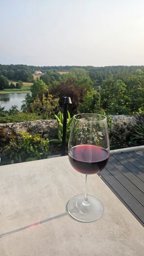 A glass of red wine on a balcony with a view of a river and greenery. - 4-bedroom house, sleeps 8, lake view. (Château-la-Vallière)