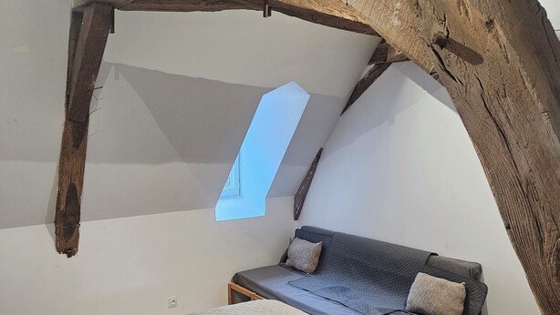 A loft bedroom with a sloped ceiling, a bed, a sofa, and a skylight. - 4-bedroom house, sleeps 8, lake view. (Château-la-Vallière)