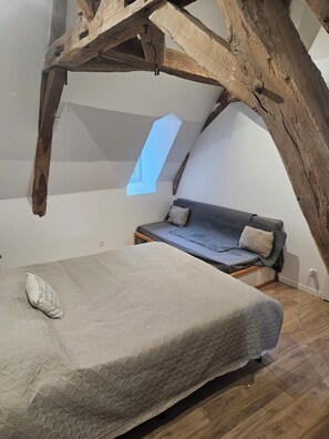 Ein Schlafzimmer im Loft-Stil mit schrägverdeckter Decke, einem Bett, einer Couch und einem Dachfenster.