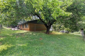 A single-story brick house with a large tree in front, a lawn, and a fence. - 32nd Street Retreat | Downtown/Backyard/Parking (Birmingham)
