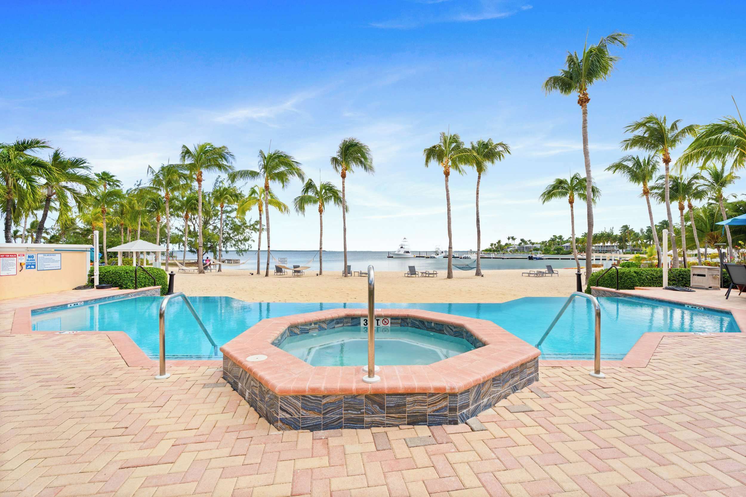 Una piscina con hidromasaje, palmeras y vista al mar.