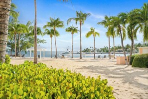 A beach with palm trees, a gazebo, and a boat dock. - Kai-Tastic 15B - 2BR Kaibo Condo with Pool and Beach (Rum Point)