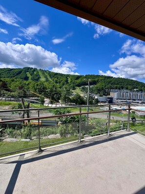 Un balcon donnant sur une colline verdoyante, un plan d’eau et des bâtiments situés au loin.