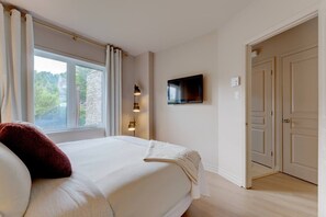 A bedroom with a bed, a TV, a window with curtains, and a door.