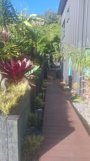 A pathway flanked by a variety of plants and a building with vertical siding. - Luxury Hilltop Retreat: Hot Tub & Panoramic Views (Waikanae)