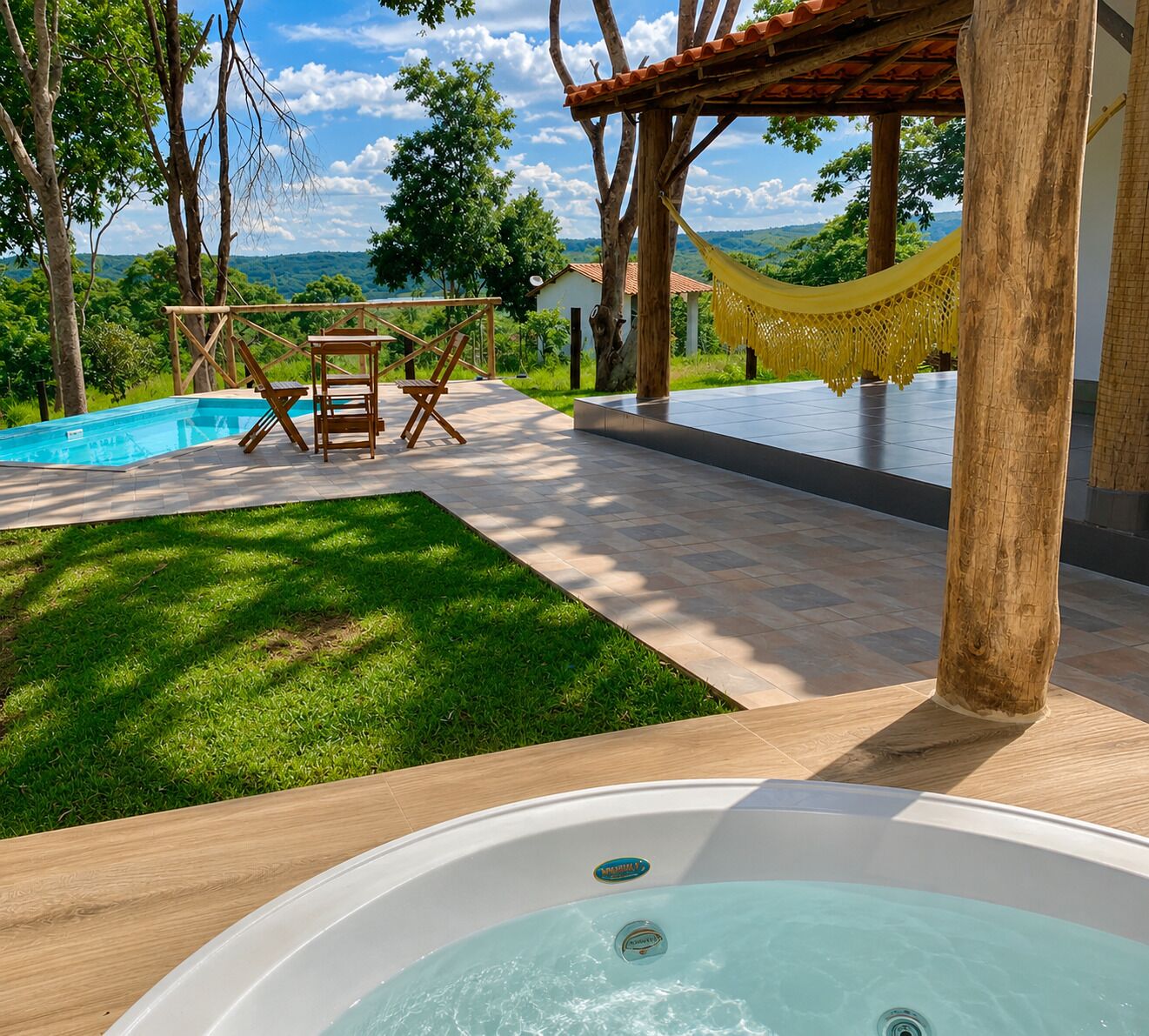 A hot tub in a backyard with a pool, wooden deck, and a hammock.