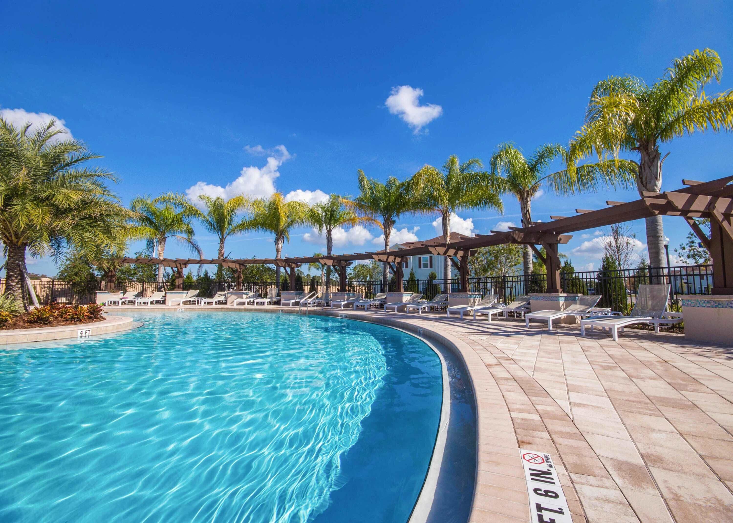 A swimming pool with lounge chairs and palm trees.