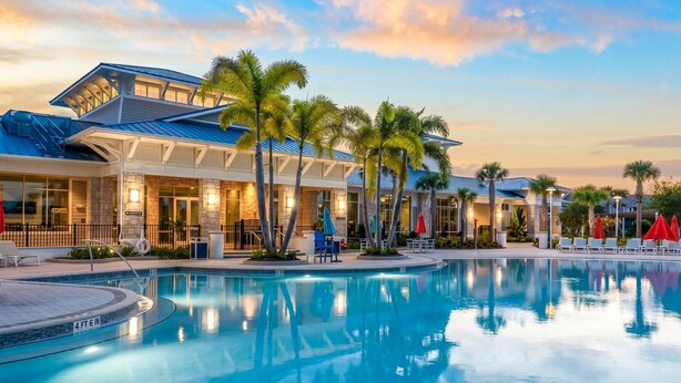 Ein Hotel mit Pool, Palmen und einem Sonnenuntergangshimmel.