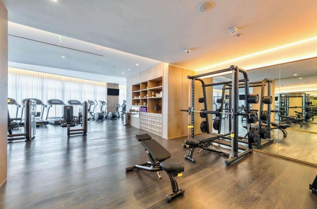 A gym with treadmills, a bench, and weightlifting equipment.