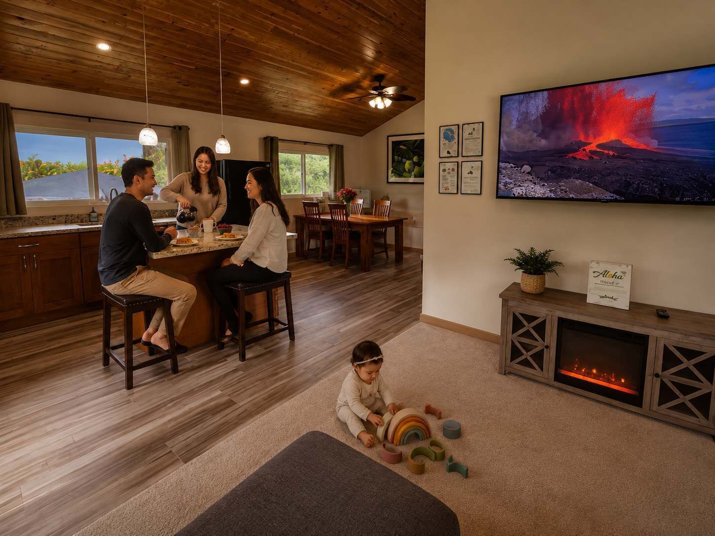 Una familia cenando en una cocina moderna con un televisor grande mostrando una erupción volcánica.