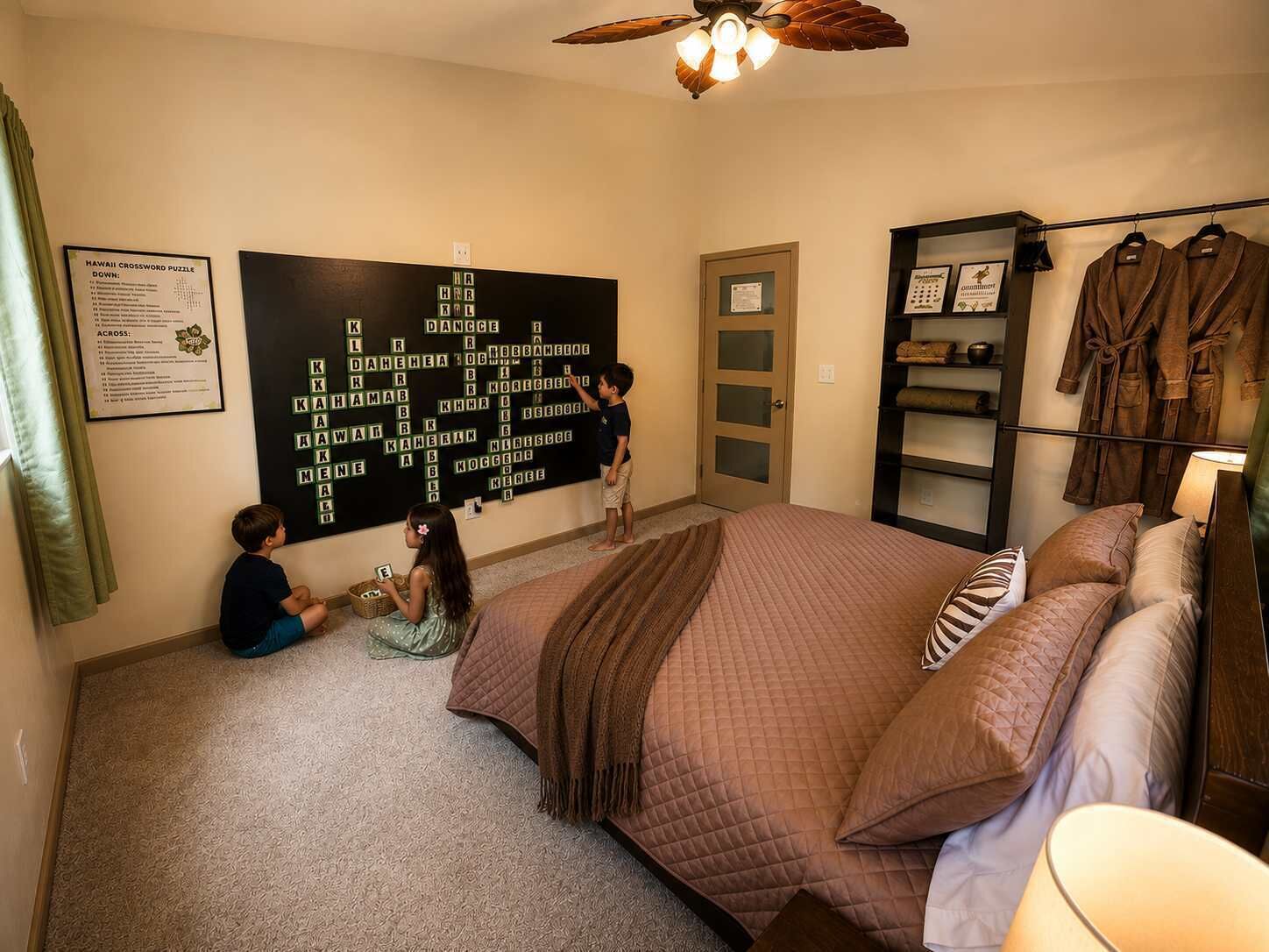 A bedroom with a large bed, a wall puzzle, a door, and a robe rack.