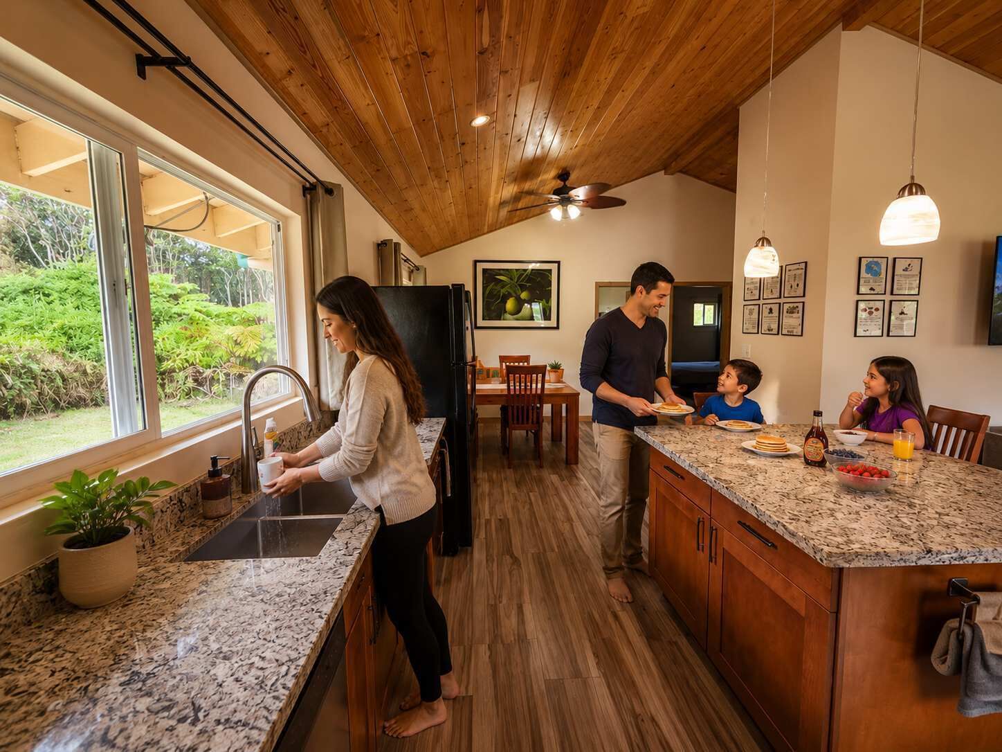 A modern kitchen with granite countertops, wooden cabinets, and a dining area with a table and chairs.