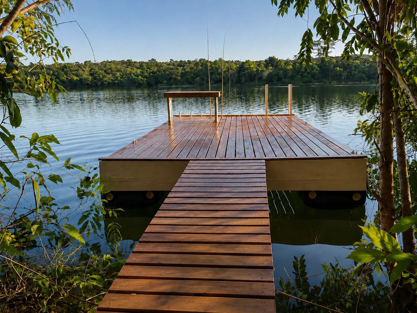 Un moll de fusta que s'endinsa en un llac tranquil rodejat d'arbres.