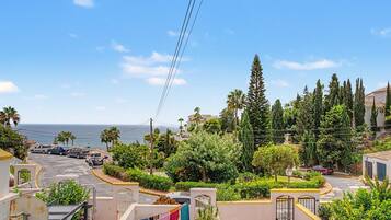 A residential area with a view of the sea, parked cars, and lush greenery.