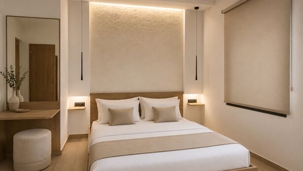A modern bedroom with a large bed, bedside tables, a mirror, and a wall-mounted light fixture. -   Junior Suite with Modern Design in Chania (Chania)