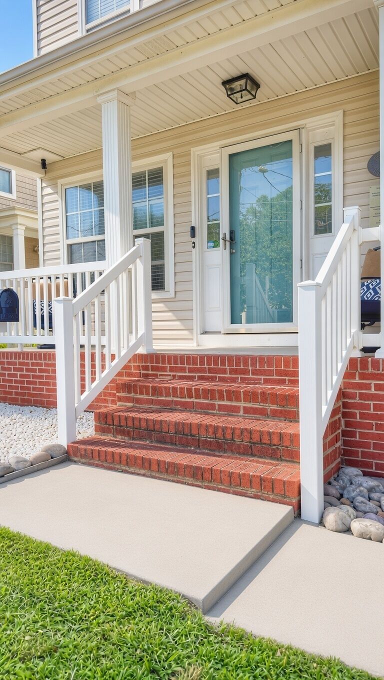 A two-story house with a front porch, a set of steps leading to the door, and a mailbox on the left.