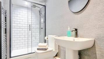 Shower, towels, toilet paper