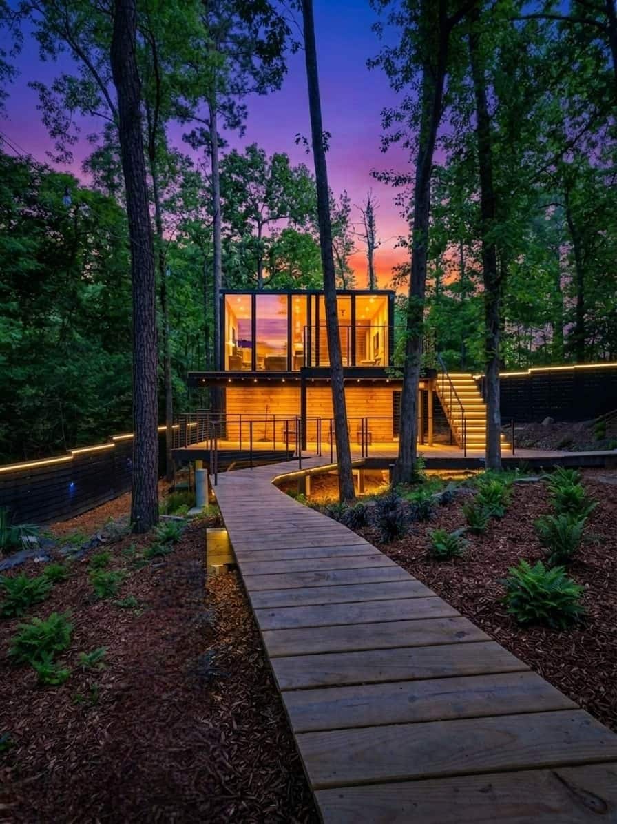 A modern cabin with a glass facade, surrounded by a wooden deck and a forested area.
