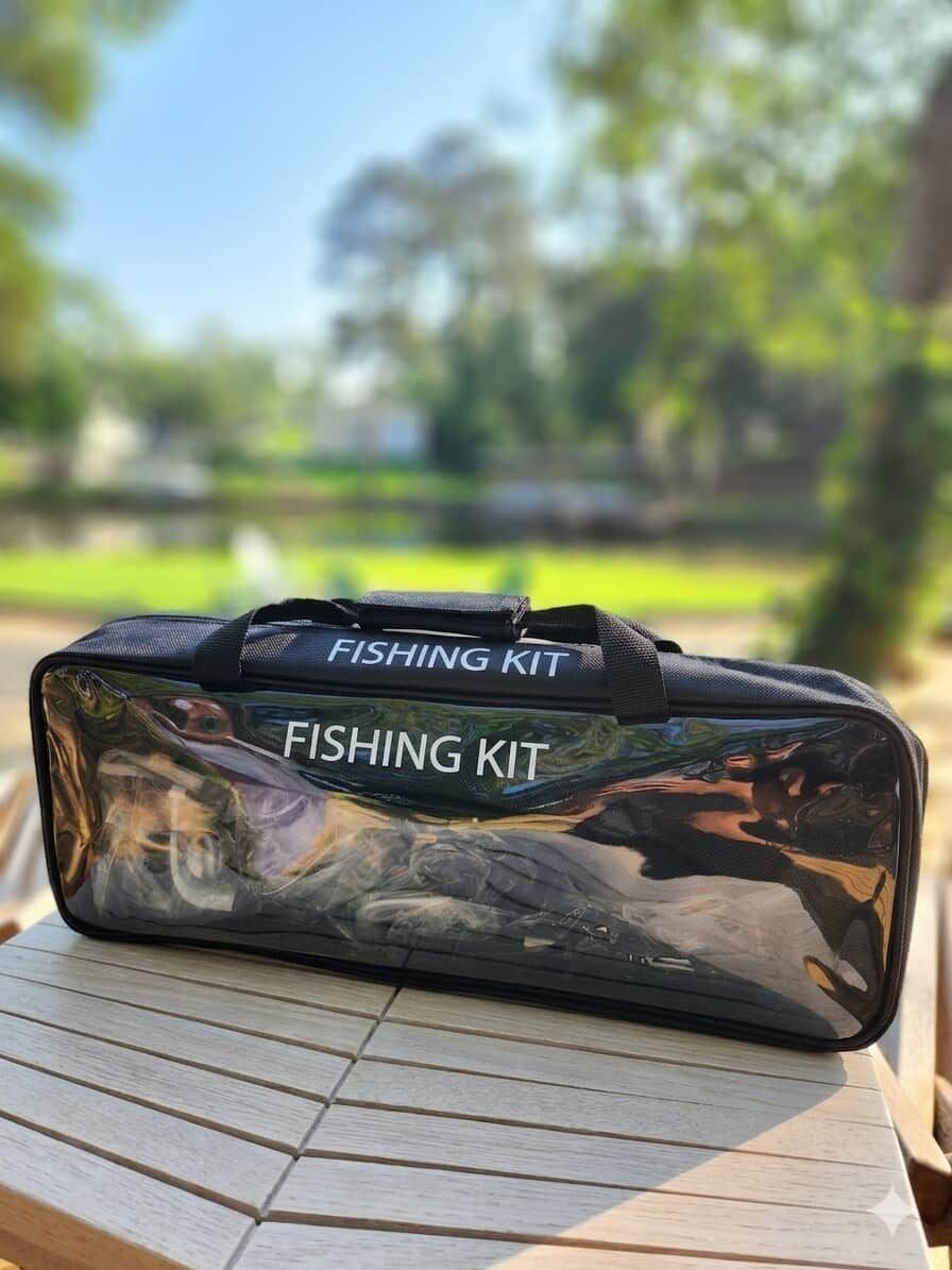 Een heldere, reflecterende visgerei tas met de tekst 'FISHING KIT' erop, geplaatst op een houten ondergrond buiten.