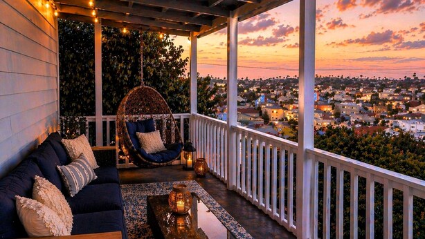 A covered porch with a hanging chair, a sofa, and a table with candles. - CasaViva Breeze 2BR w/ Sunset Views, Firepit & Backyard — Walk to Fun & Eats (San Diego)