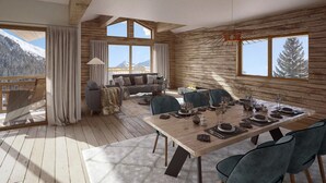 A spacious room with a wooden interior, a dining table set for six, and a view of snow-covered mountains through large windows. - Chalet Ouréa #102 - 6 guests - Ski-in - Ski-out (Les Allues)