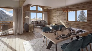 Ein geräumiges Zimmer mit Holzvertäfelung, einem für sechs Personen gedeckten Esstisch und Blick auf schneebedeckte Berge durch große Fenster.