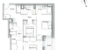A floor plan with a living area, two bedrooms, a bathroom, a kitchen, and a balcony. - Chalet Ouréa #102 - 6 guests - Ski-in - Ski-out (Les Allues)