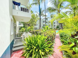 Un patio de hotel con piscina, rodeado de exuberante vegetación y palmeras.