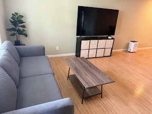 Ein Wohnzimmer mit grauem Sofa, einem Holztisch, einem Fernseher, einem Stauraum und einer Topfpflanze.