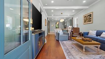 Smart TV, fireplace, books