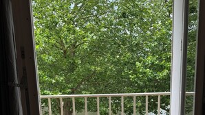 Een balkon met een houten vloer, een witte reling en uitzicht op een meer met bomen.
